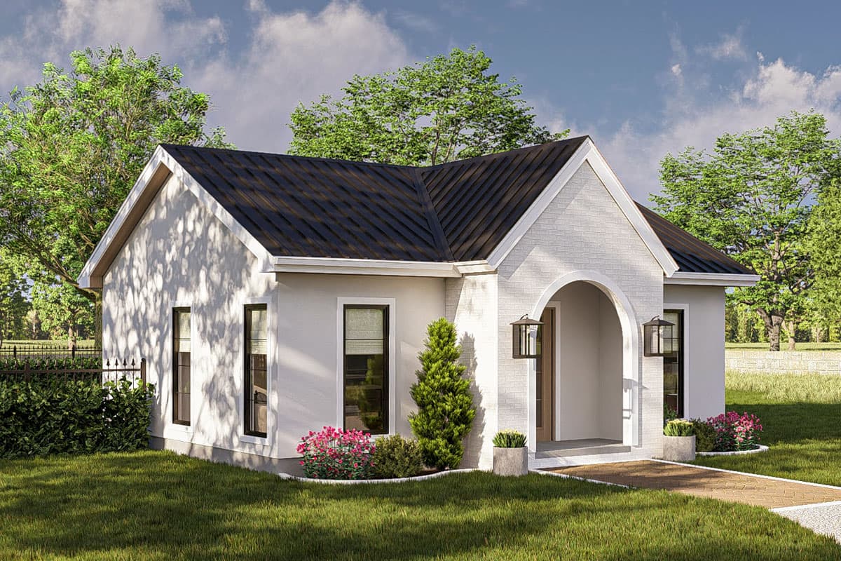 House plan exterior: one-story home with pitched gable roof, arched entry porch, and white brick accents.