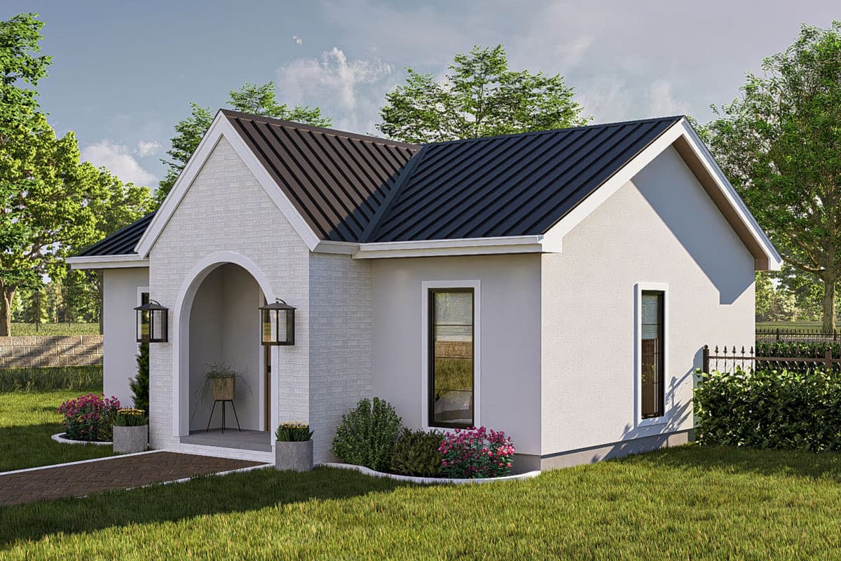 House plan exterior of a one-story home with arched entry, white brick gable, and dark metal roof.
