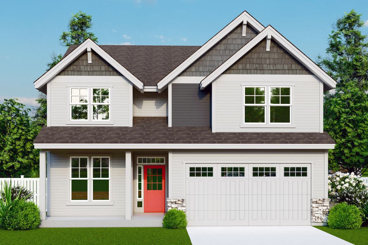 House plan exterior with two stories, Craftsman style. Features include gabled roof, front porch, and garage. Entry door is red.