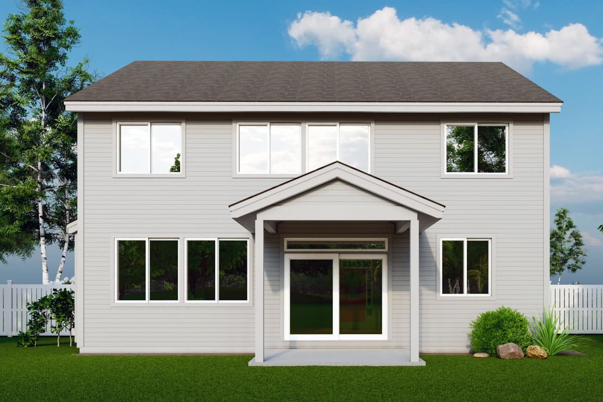 Two-story house plan exterior with a gable-roofed entry porch, multiple windows, and gray siding.
