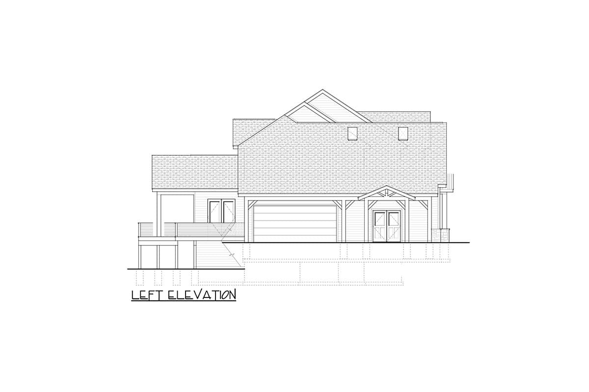 Left elevation drawing of a multi-story house plan featuring a prominent gable, covered porch, and attached garage.