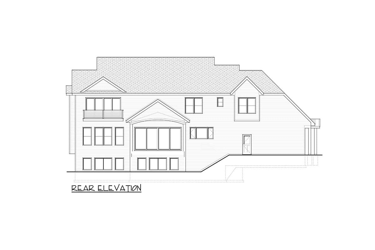 Rear elevation drawing of a house plan showing multiple gables, a balcony, and various window configurations.