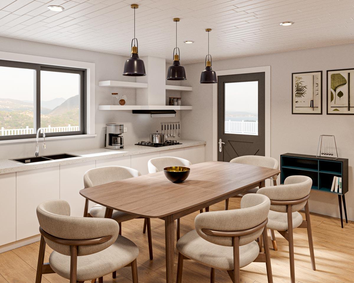 Kitchen and dining area with island, white cabinetry, wood table, and modern pendant lights.