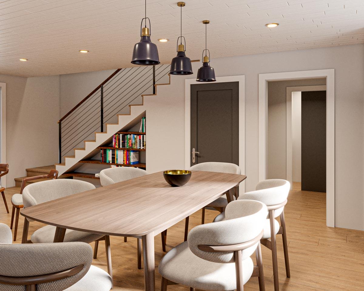 Dining area with a wood table, upholstered chairs, built-in bookshelves under a staircase, and dark interior doors.