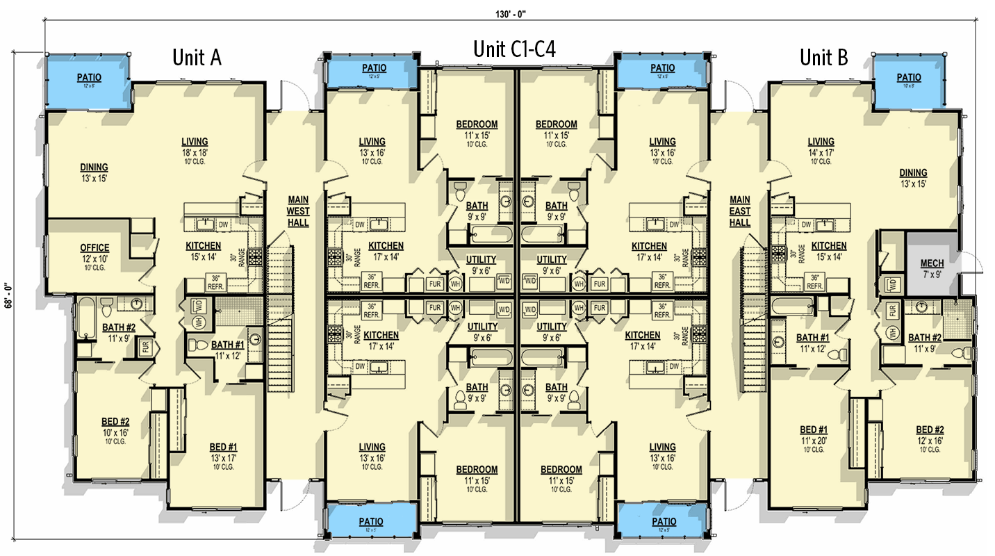 Plan 307726RAD: Contemporary Multi-Plex House Plan with 12 Units - 12966 Sq Ft - Floor Plan - Main Level - Contemporary, Transitional