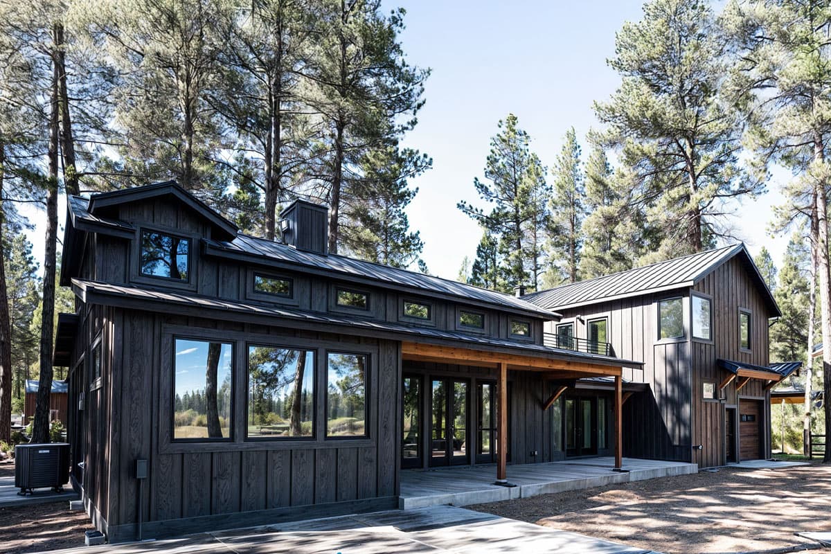 Modern house plan exterior with dark wood siding, metal roof, multiple gables, dormers, and covered porch.