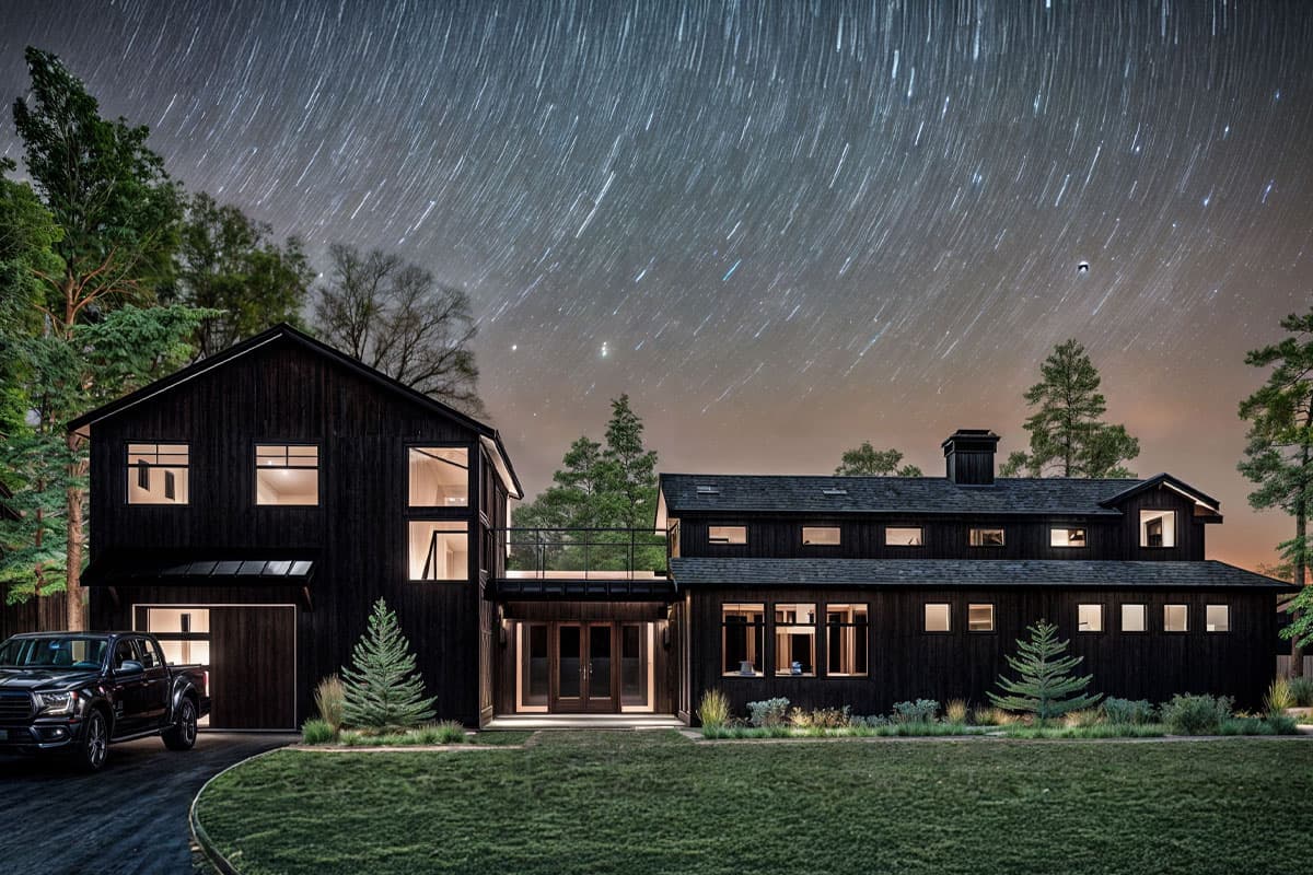 Modern barn style house exterior, two stories, dark wood siding, attached garage, and large windows.