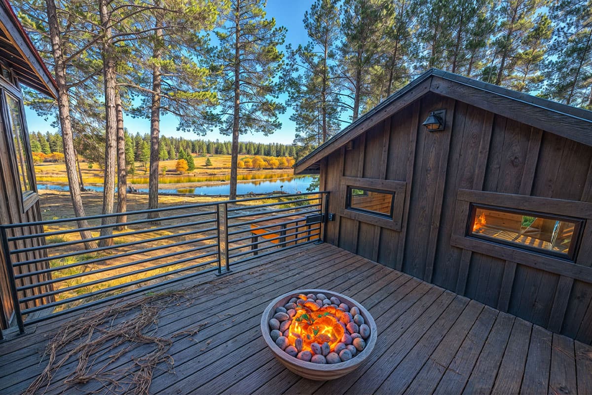 Wood exterior house plan with large deck overlooking a lake, featuring horizontal siding and narrow windows.