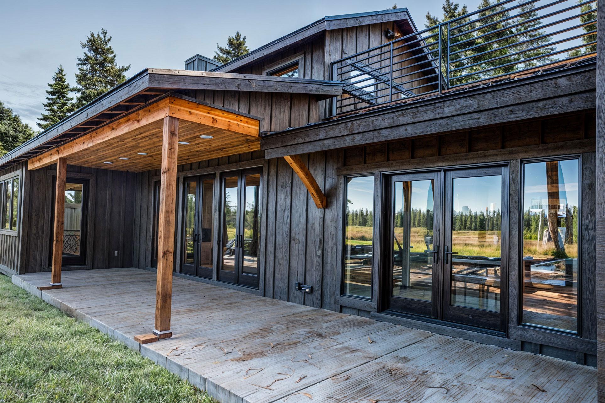 House plan exterior with timber siding, a covered porch with wood beams, and a balcony with metal railings.