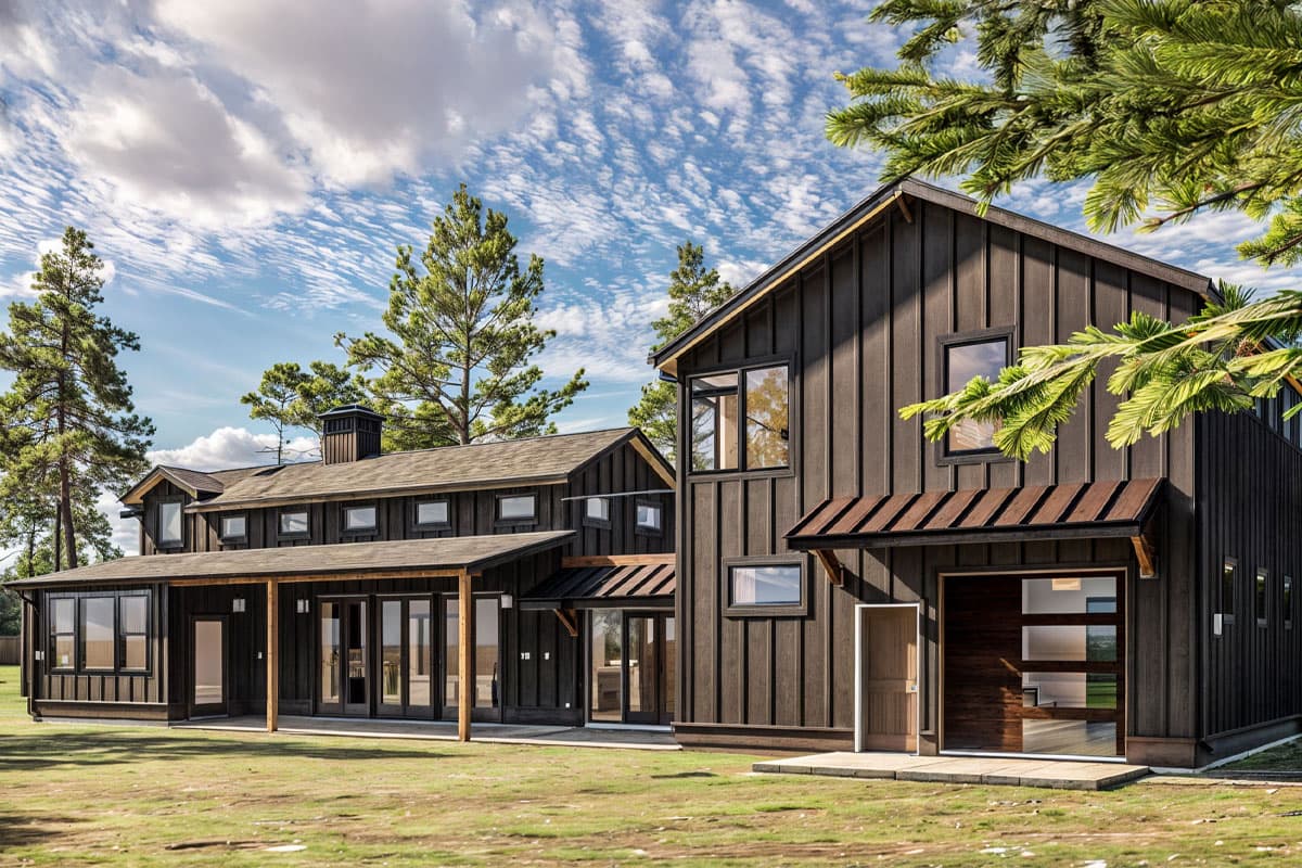 Modern farmhouse house plan exterior with vertical siding, a covered porch, gable roofs, and a glass garage door.