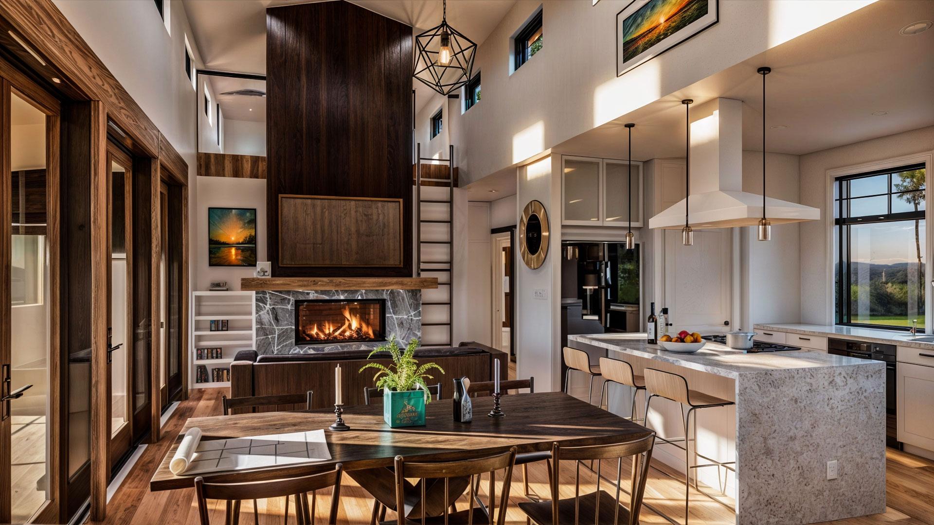 Open-concept living space with vaulted ceiling, fireplace, kitchen island with bar seating, and large windows.