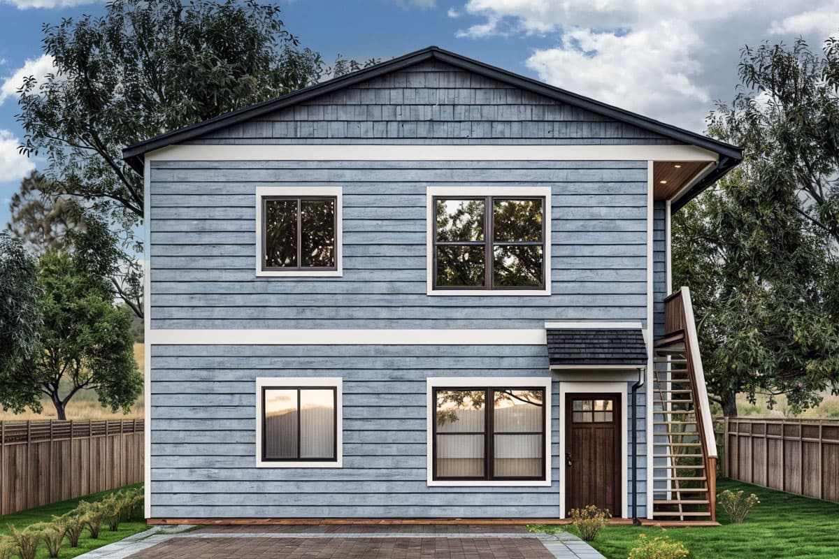 Two-story house plan exterior with horizontal blue siding, gable roof, four windows, and a wood door with exterior stairs.