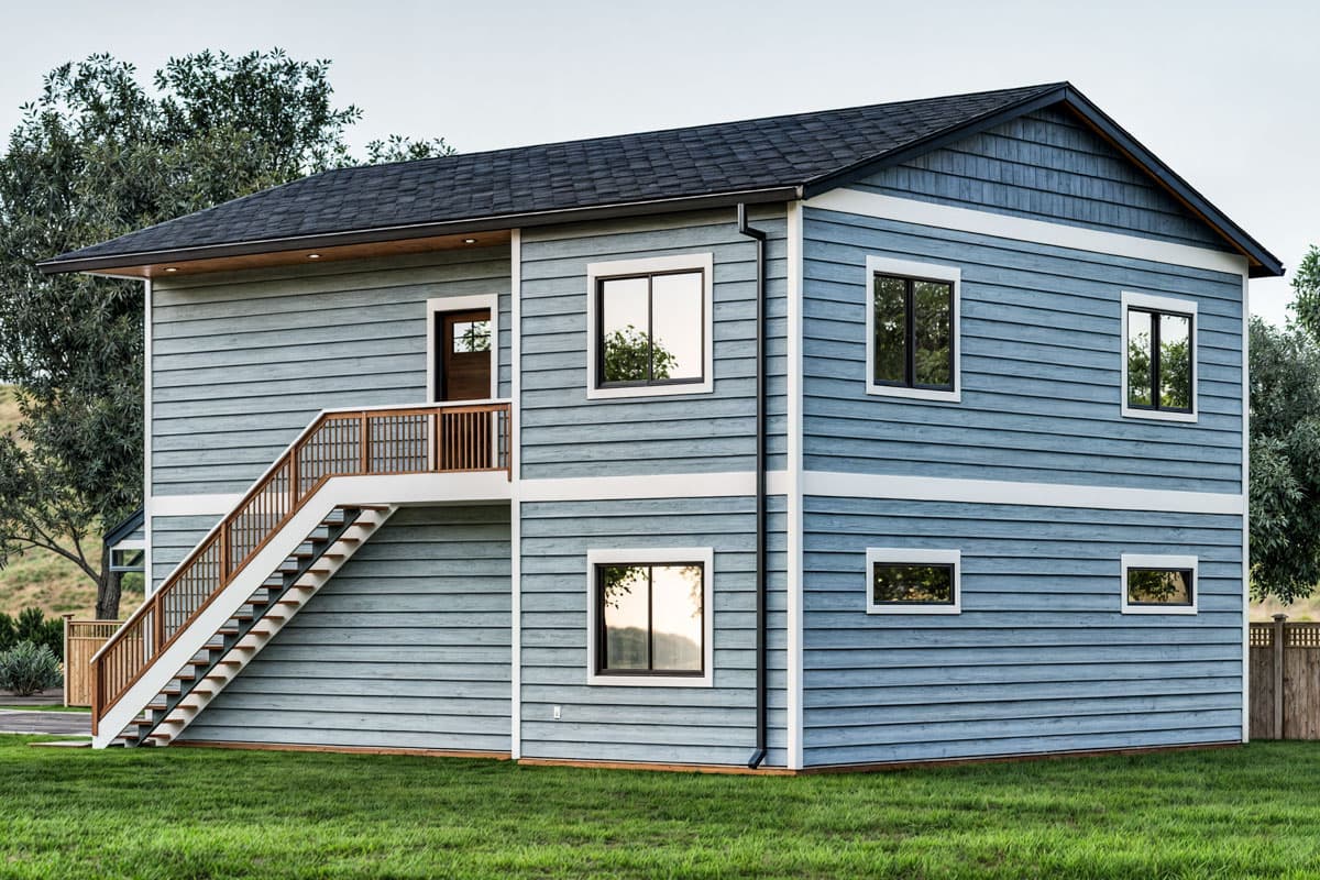 House plan exterior: Two-story home with blue horizontal siding, white trim, dark asphalt shingle roof, and exterior staircase.