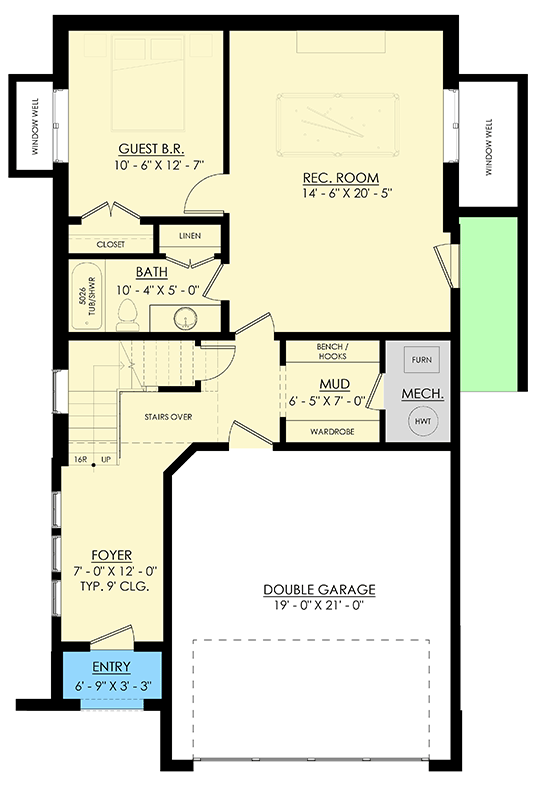 Plan 270111AF: 5-Bed Modern Colonial Cottage House Plan with Home Office - 3321 Sq Ft - Floor Plan - Lower Level - Colonial, Cottage, Modern, New American, Shingle, Traditional, Transitional