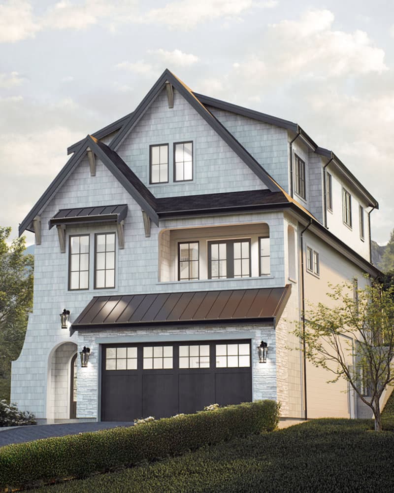 House plan exterior featuring a Modern Farmhouse style, three stories, gables, dormers, and a two-car garage.
