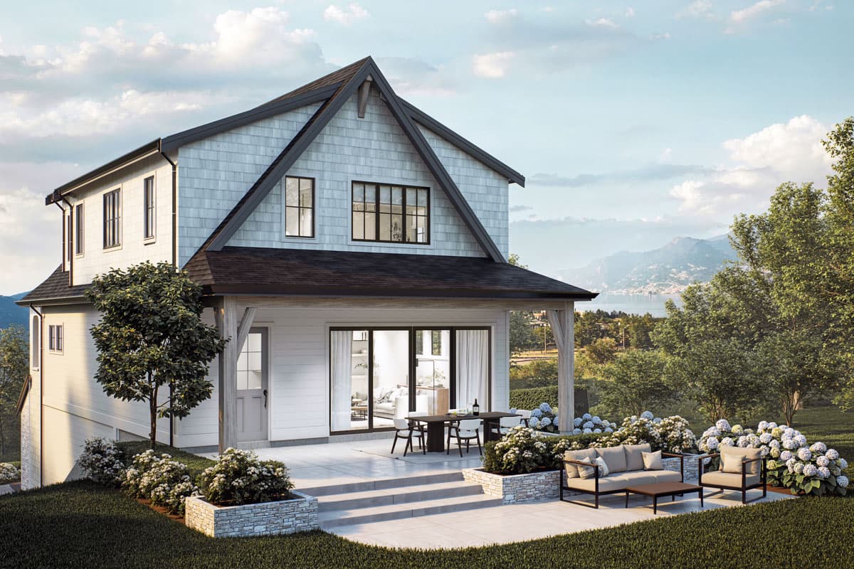 House plan exterior featuring a two-story Modern Farmhouse style with a prominent gable, shingle siding, and a covered patio.