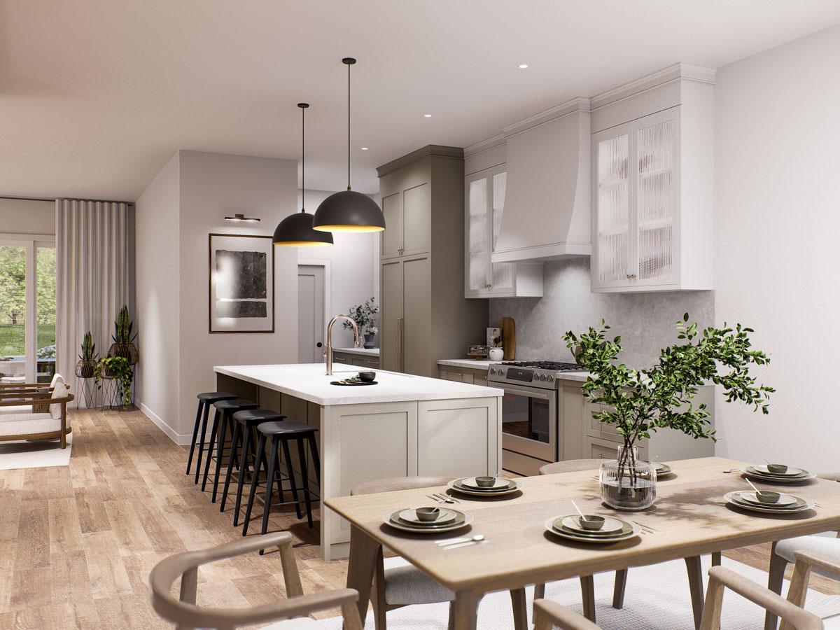 Rendering of an open-concept kitchen and dining area, featuring an island with seating, modern pendant lights, and a dining table set for six.