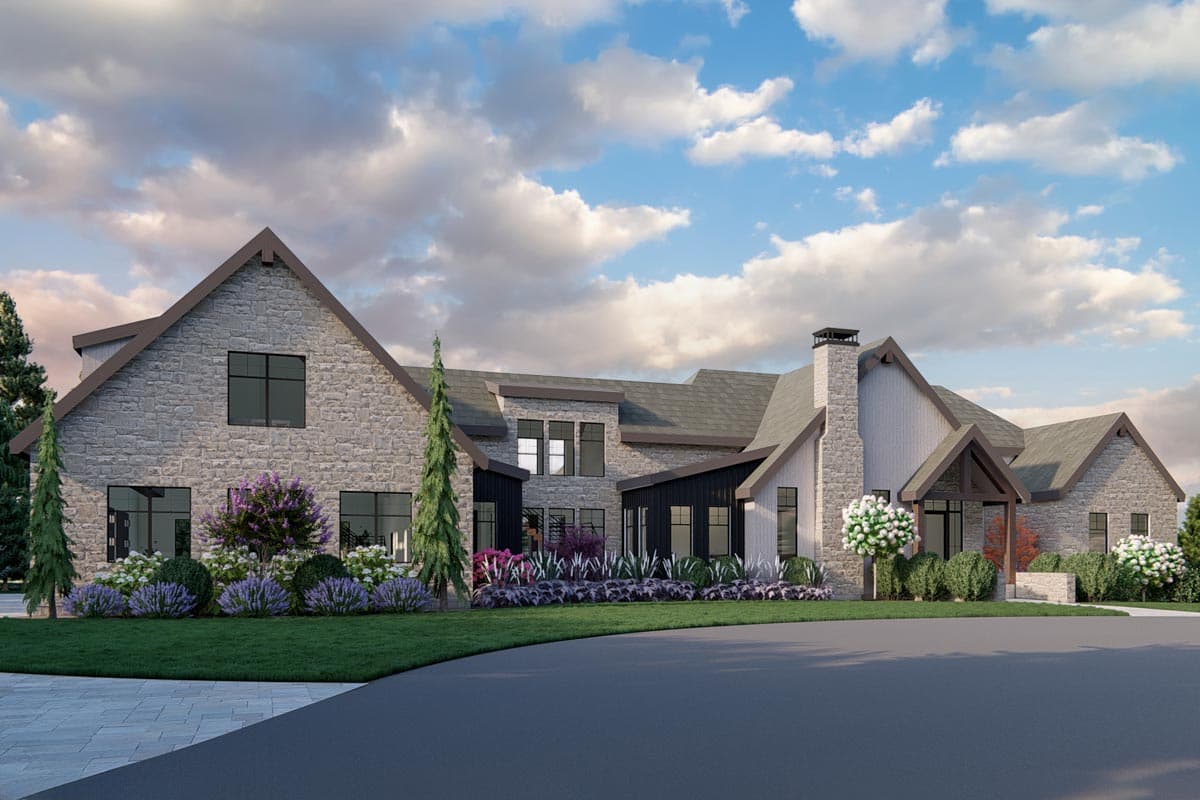 House plan exterior. Stone and wood siding with multiple gables. Features include a front porch, chimney, and multi-pane windows. Two-story design.