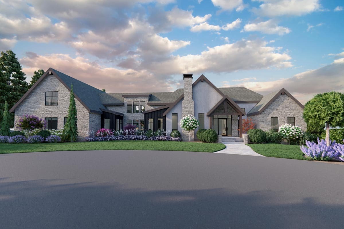 House plan exterior: Modern style, stone and wood facade, multiple gables, large stone chimney, and covered entryway.