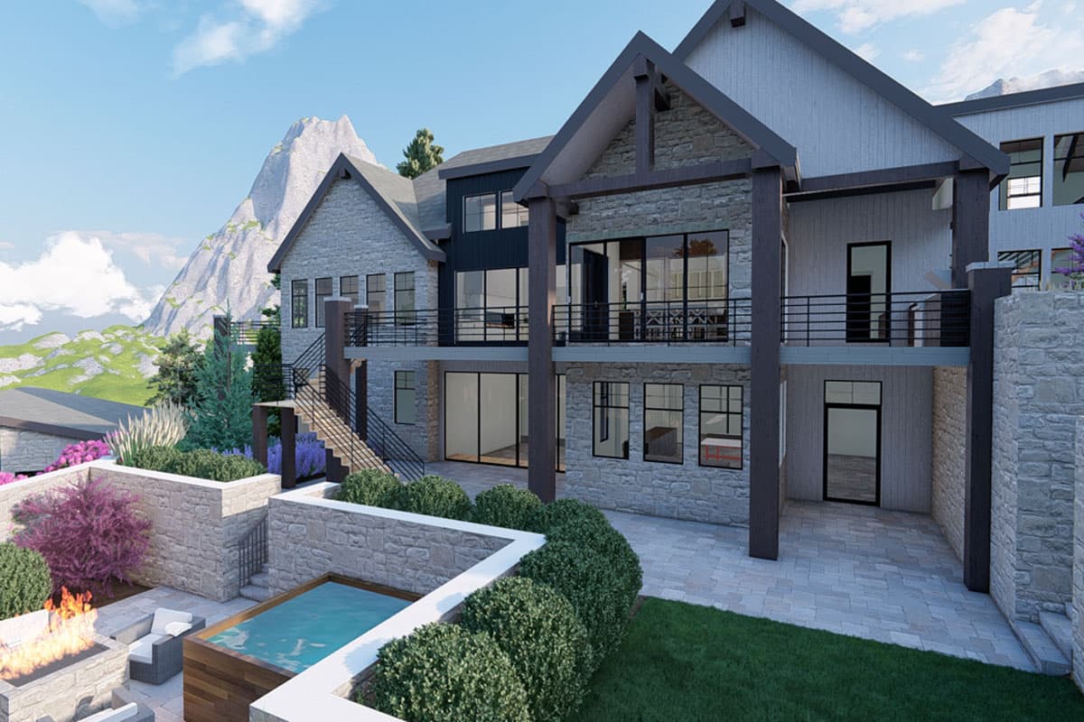 House plan exterior rendering: stone facade, multiple stories, balconies, large windows, gabled rooflines, mountain backdrop.