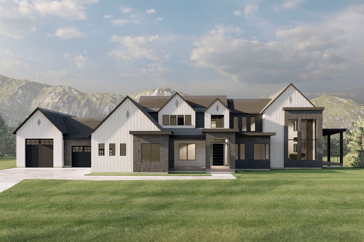 House plan exterior. Modern Farmhouse style, two-story home with multiple gabled rooflines, garage, and stone accent wall.