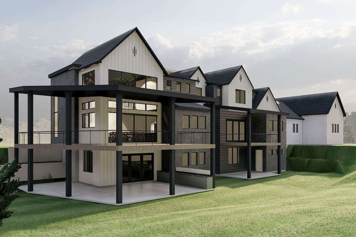 House plan exterior: Modern Farmhouse style, multiple stories, large covered decks, gabled roofs, and board and batten siding.