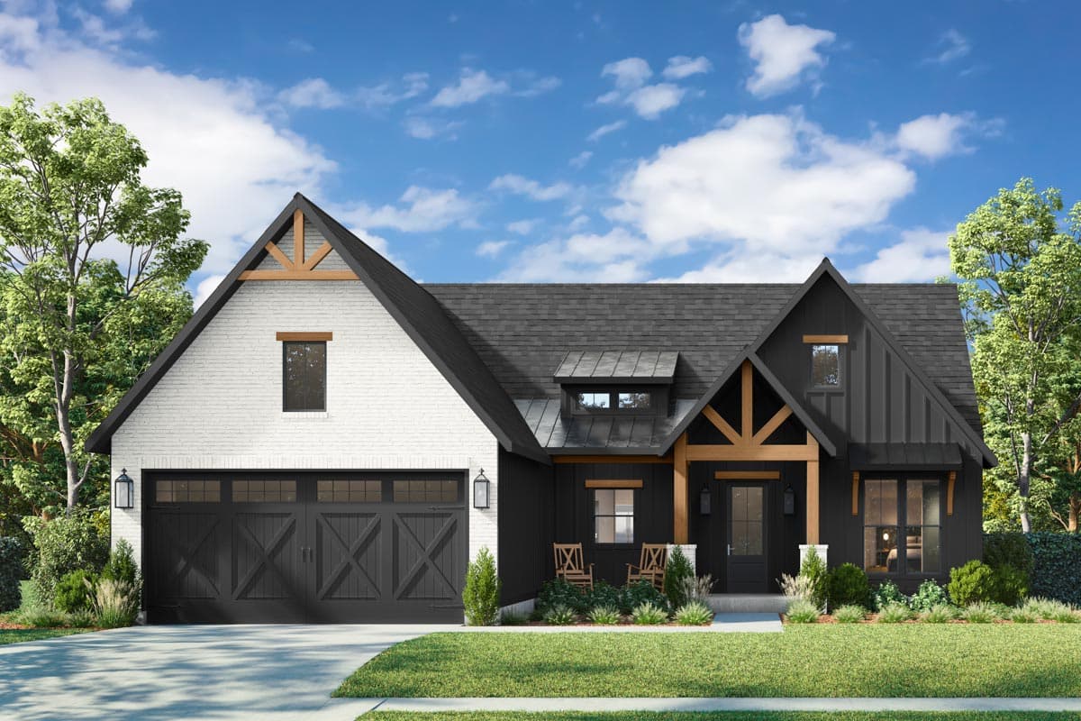 Modern Farmhouse house plan exterior with white brick, black vertical siding, a gambrel roof, and exposed timber beams.