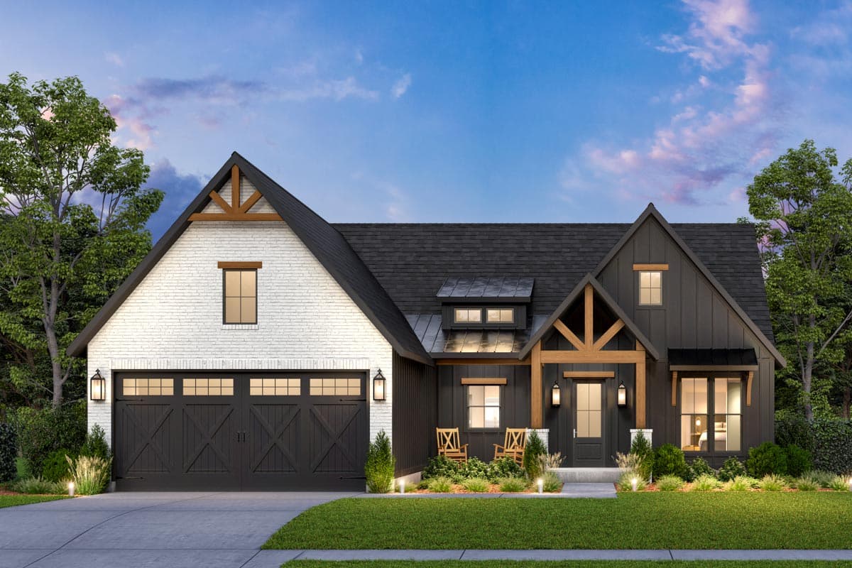 House plan exterior. Modern farmhouse style with gabled roof, exposed truss detail over entry, and a two-car garage.