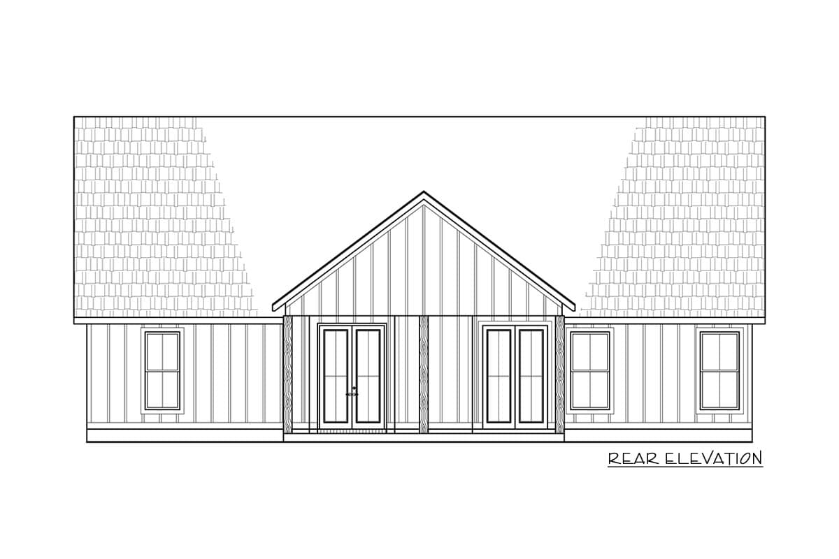 Rear elevation drawing of a house plan featuring a gable roof, two sets of double doors, a porch, and three windows.