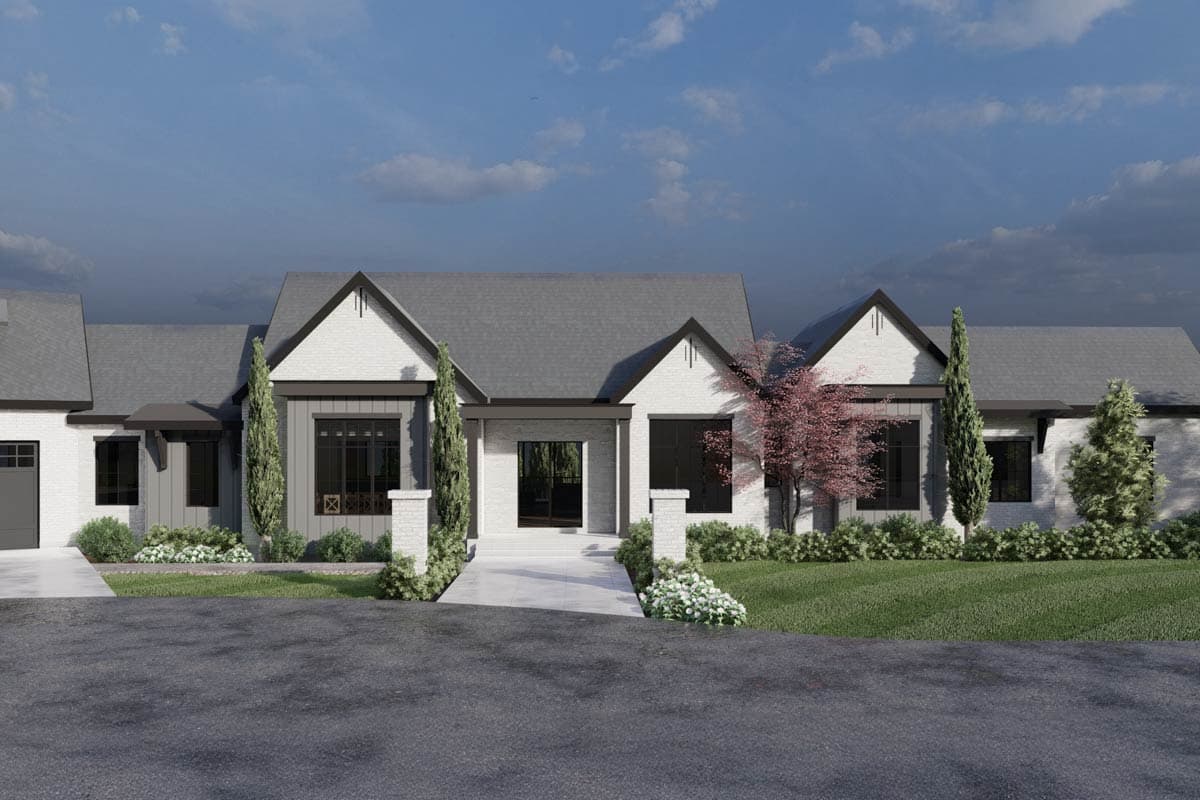 House plan exterior. One-story Modern Farmhouse style with gabled roof, dark trim, and a covered entry. Includes attached garage.