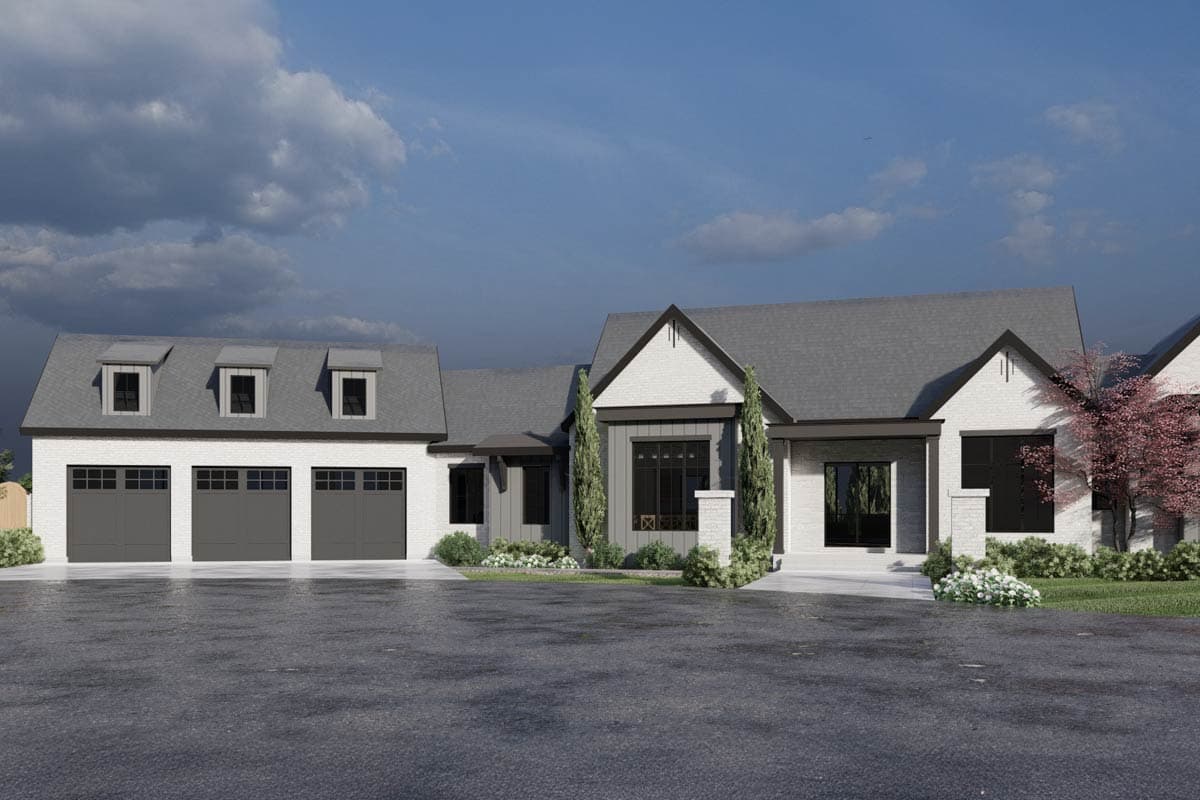 Modern farmhouse style house plan exterior with white brick, three-car garage, and prominent gables.