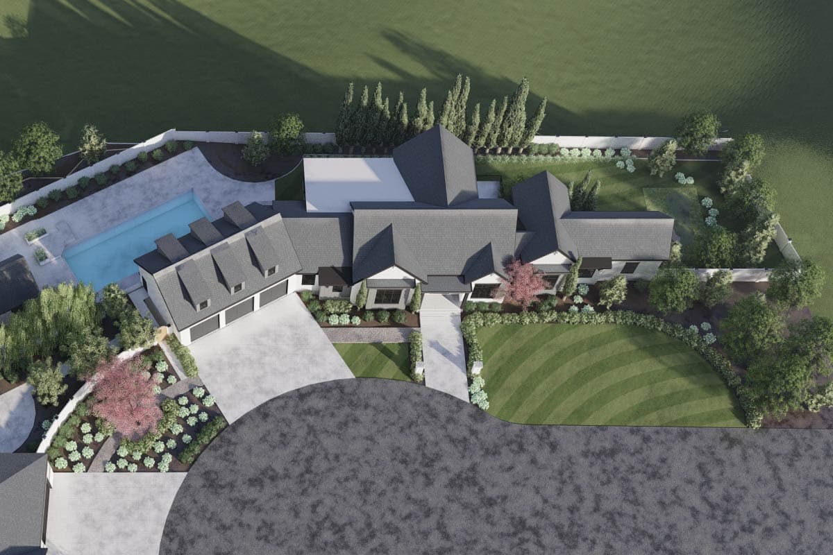 House plan exterior: Modern style, multiple gables, three-car garage, L-shaped pool, and varied rooflines.
