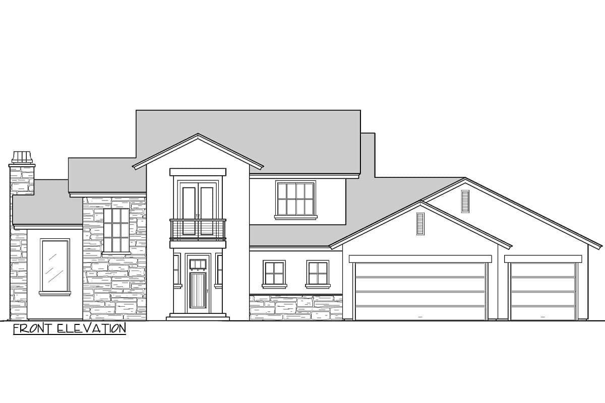 Front elevation architectural drawing of a two-story house. Stone accents are combined with a balcony and garage doors on the right.