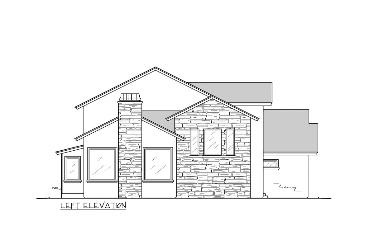 Line drawing of a house's left elevation, featuring a stone chimney, stone wall, and multiple windows. The design has a modern architectural style.