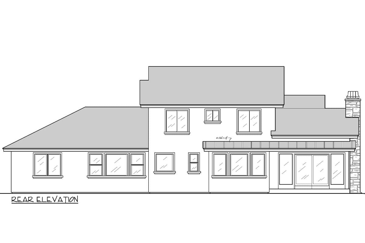 Rear elevation sketch of a house with various window styles, multiple roof levels, and a chimney on the right side; the sketch is labeled.