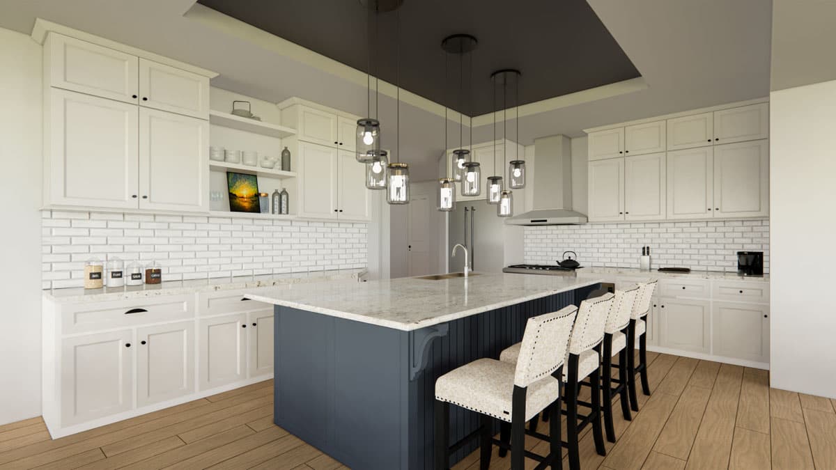 Modern kitchen with white cabinetry, a large island with seating, and pendant lights. Subway tile backsplash and a granite countertop are featured.