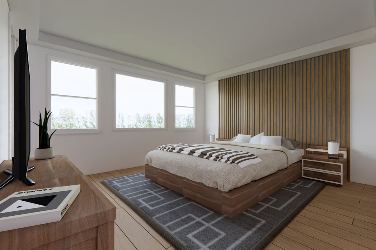 A modern bedroom with a large bed, wooden headboard, and decorative rug. A flat-screen TV and plant sit on a wooden dresser.