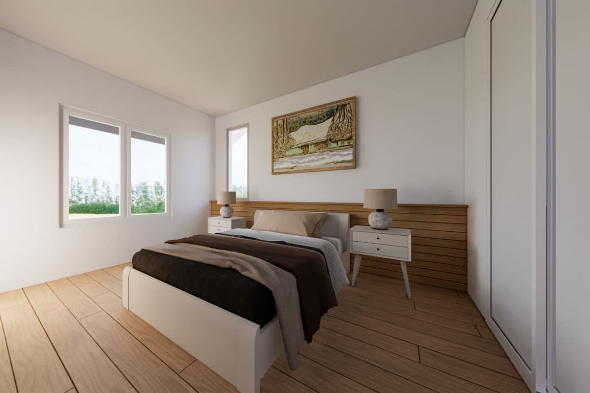 Bright, modern bedroom with a white bed, wooden floors, and a landscape painting above the bed. Windows offer a view of greenery.