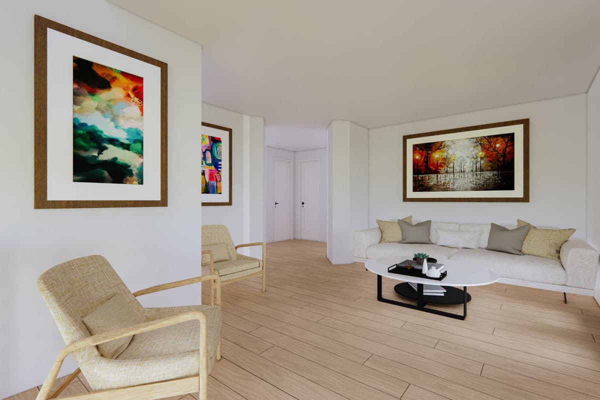 Modern living room featuring abstract art, two beige armchairs, a white sofa with pillows, and a coffee table. Light wood flooring throughout.