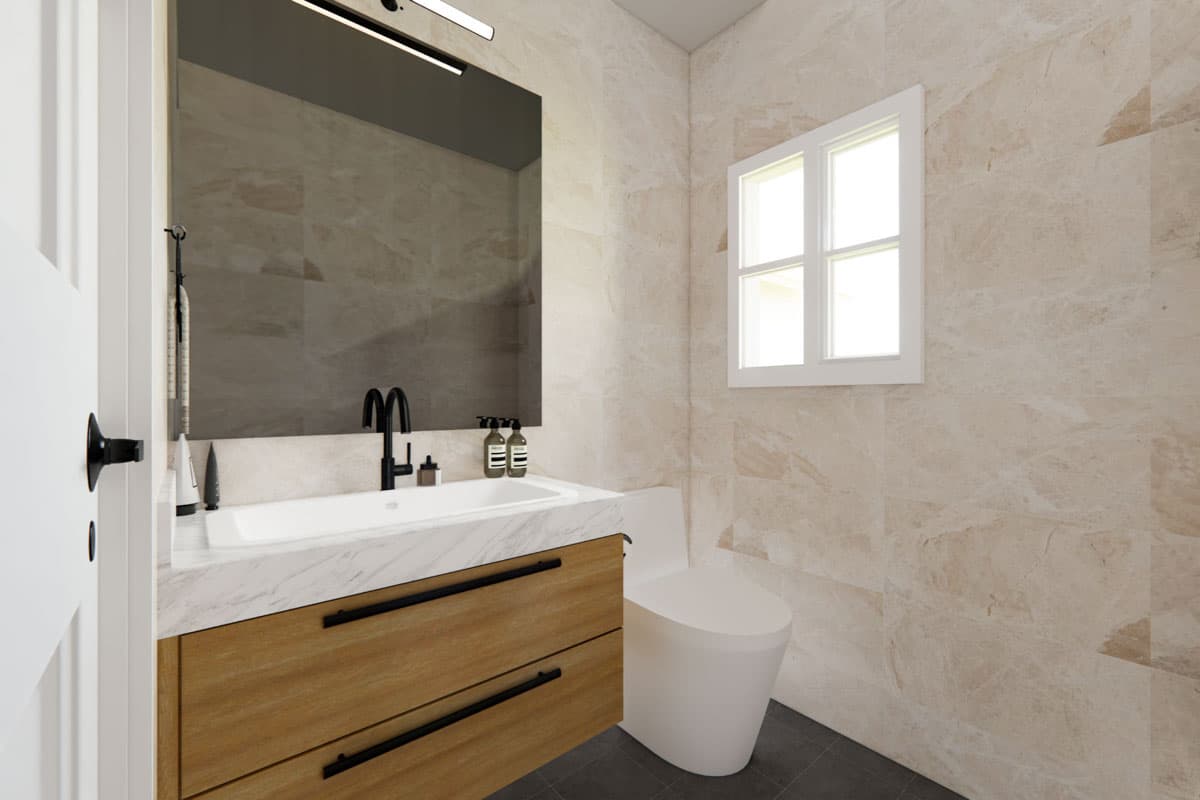 Modern 1/2 bathroom with marble countertop, wooden vanity, black fixtures, and a white toilet. A window provides natural light.
