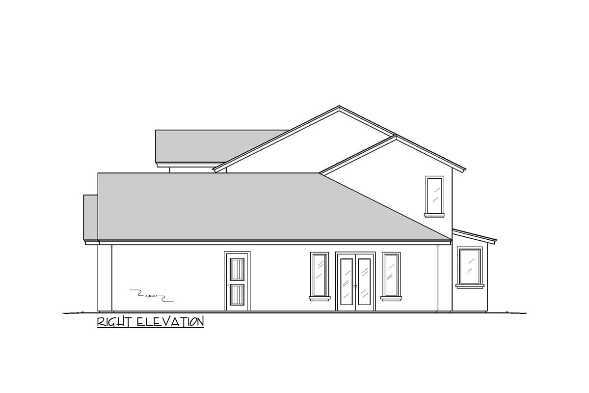 Line drawing of a house's right elevation, featuring a gabled roof, multiple windows, and a doorway. The words "Right Elevation" are below.