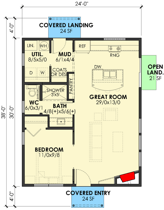 Plan 470300REY: Charming 1-Bed Mid-Century Modern Cottage House Plan - 720 Sq Ft - Floor Plan - Main Level - Cabin, Cottage, Country, Mid Century Modern, Modern, Vacation