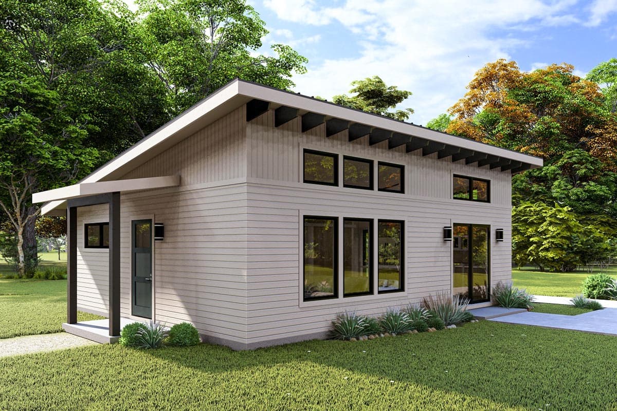House plan exterior. Modern style, one-story home with a shed roof, open porch, and black-framed windows.