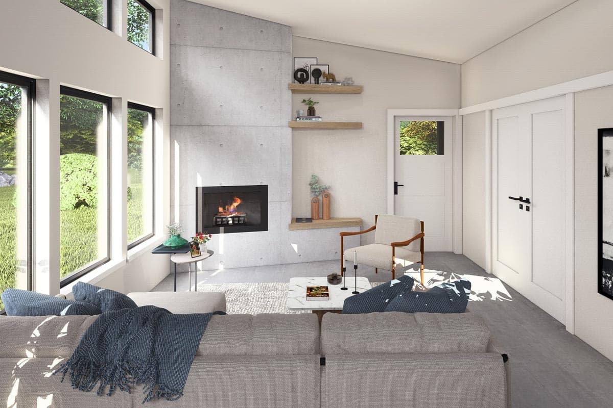 Living room rendering with a concrete fireplace, tall windows, vaulted ceiling, and two doors.