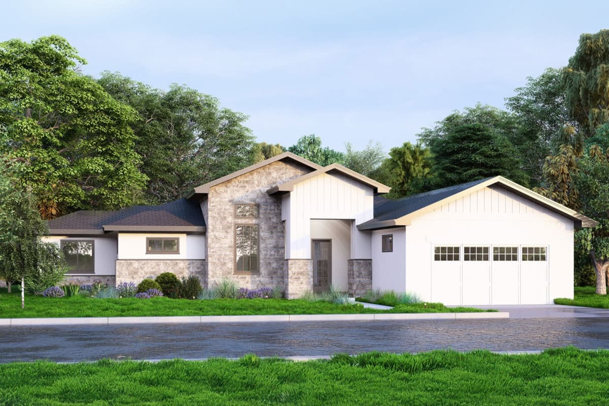 House plan exterior. Modern style with stone and white siding, a single story, and a gable roof. Includes a two-car garage.