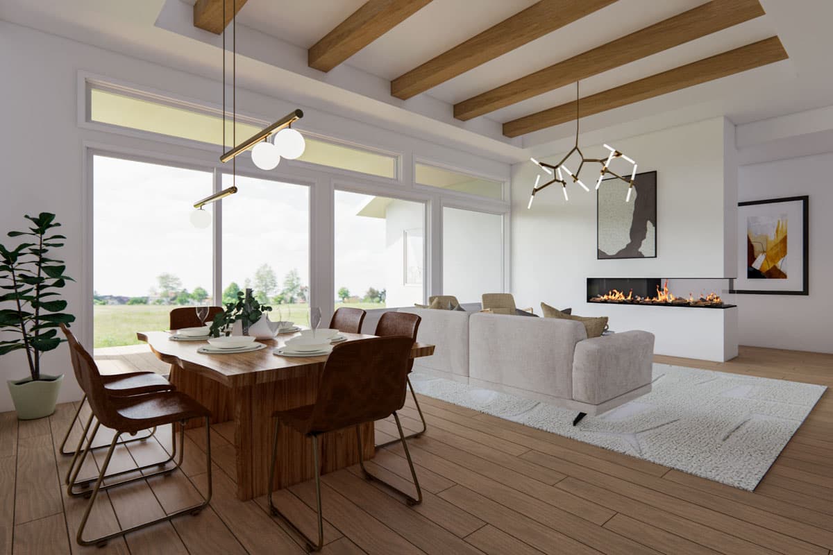 Open-plan living space with dining area, sectional sofa, linear fireplace, wood floors, and exposed ceiling beams.