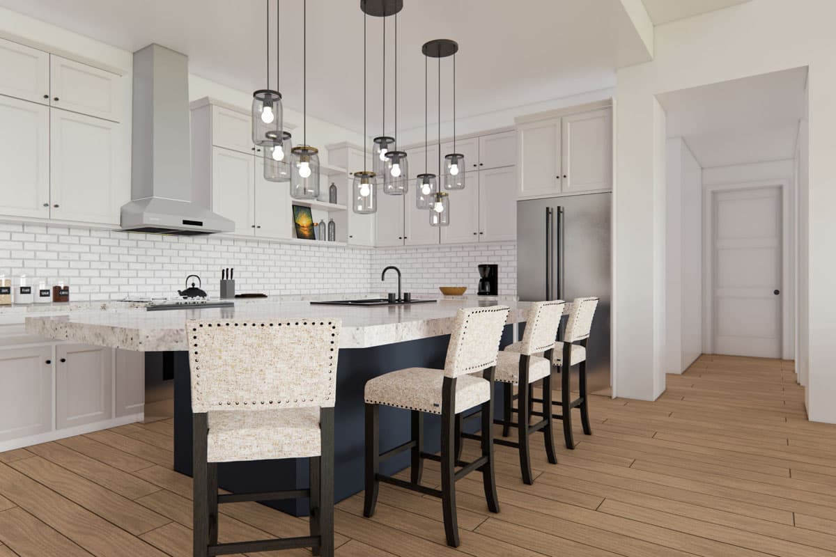 Kitchen with island, bar stools, white subway tile backsplash, stainless steel appliances, and pendant lighting.