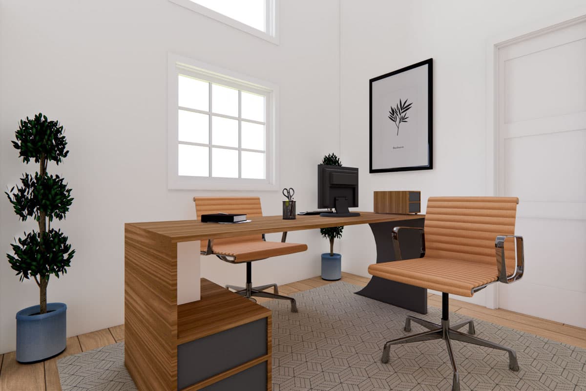 Office rendering with a wooden desk, two tan chairs, computer, and a large window.