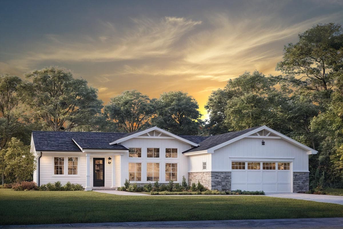 House plan exterior with Craftsman style, single story, gabled roof, stone accents, and attached garage. Large windows and covered entry.