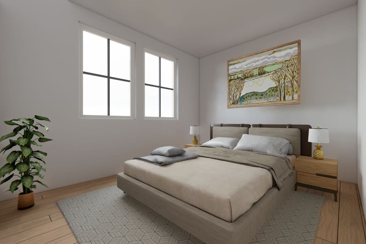 Bedroom rendering with a bed, two windows, nightstand, plant, and artwork above the bed.